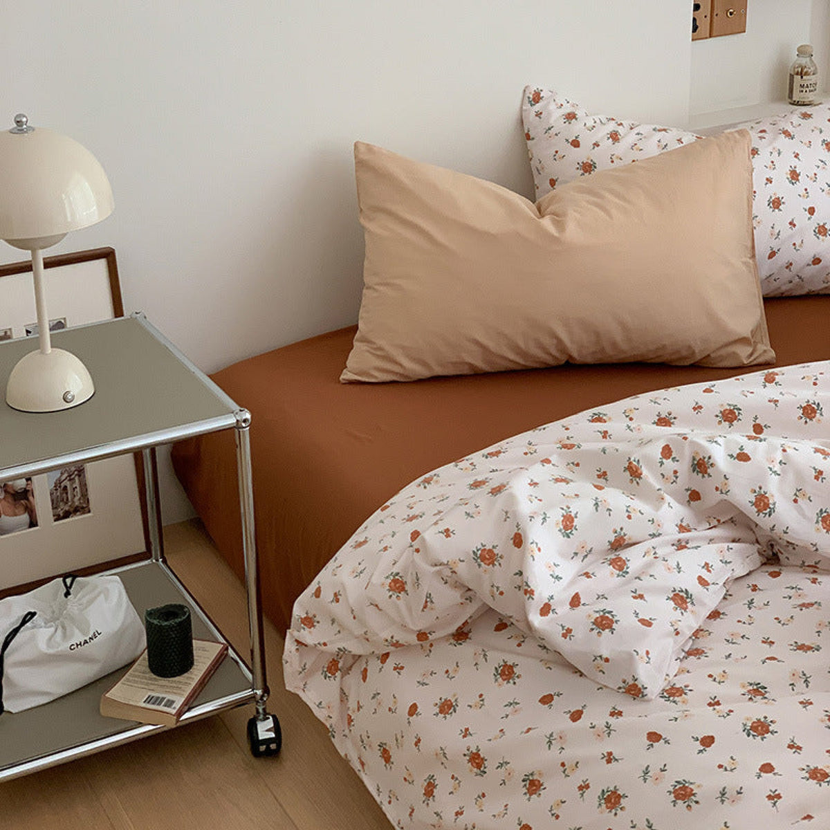 Small Floral Cotton Bedding Set - Burnt Orange + White