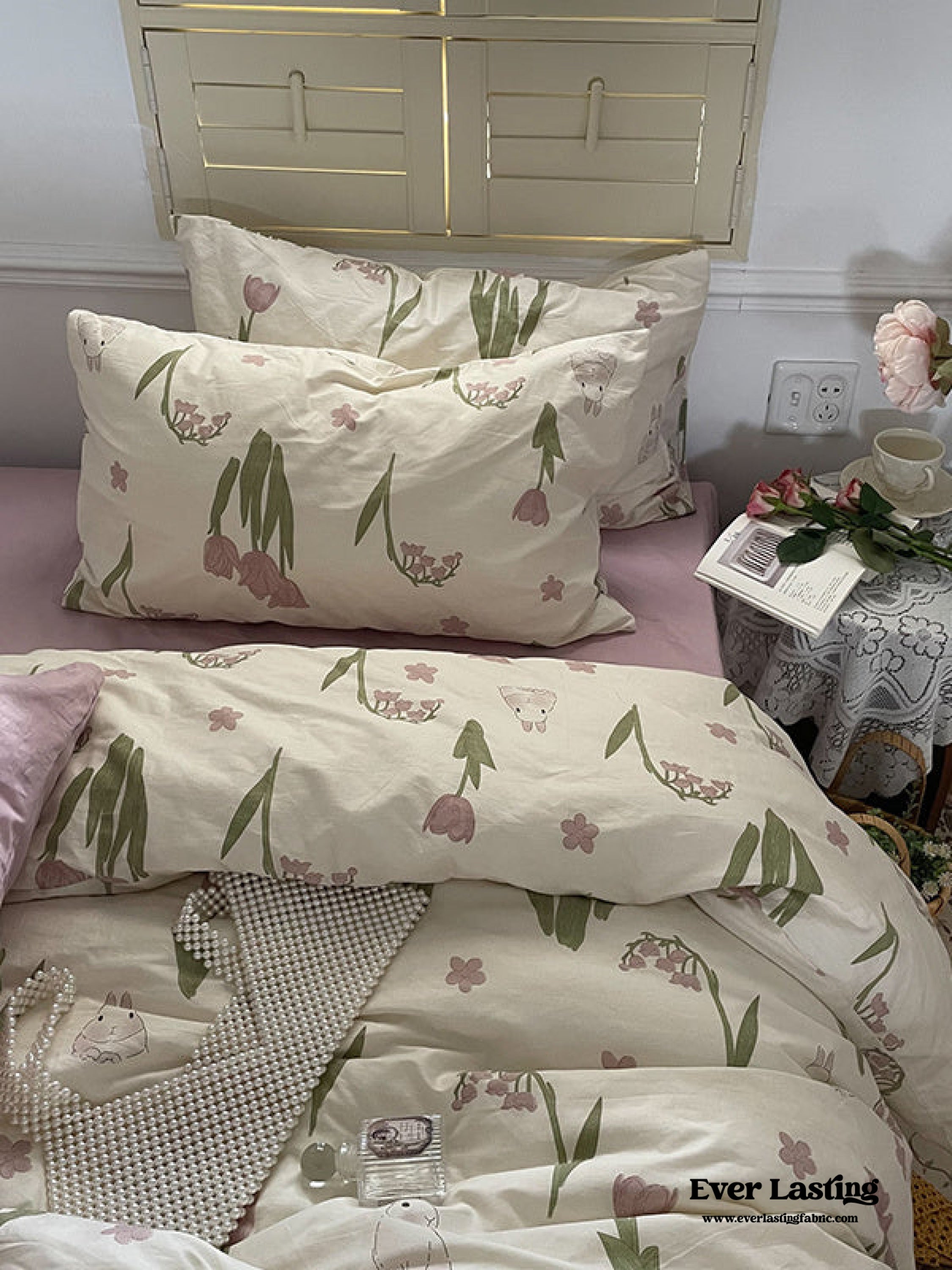 Spring Floral Washed Cotton Bedding Set - Pink Kitty
