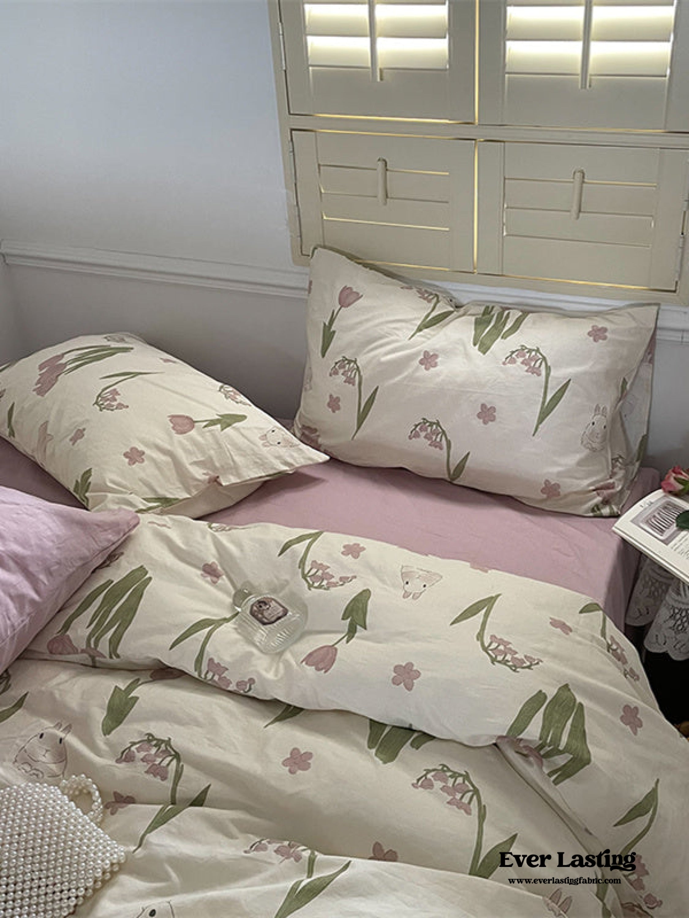 Spring Floral Washed Cotton Bedding Set - Pink Kitty