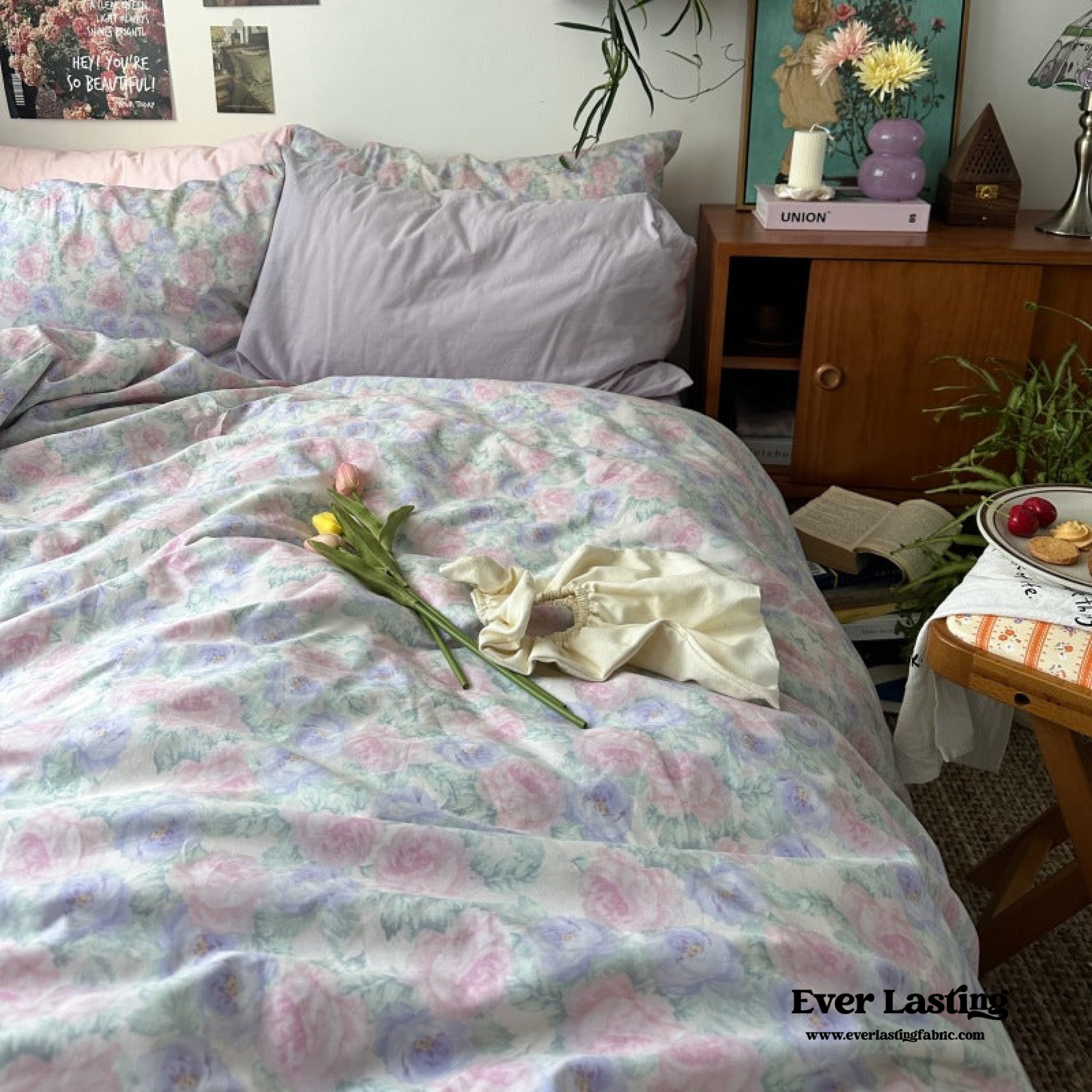 Spring Floral Washed Cotton Bedding Set - Pink Kitty