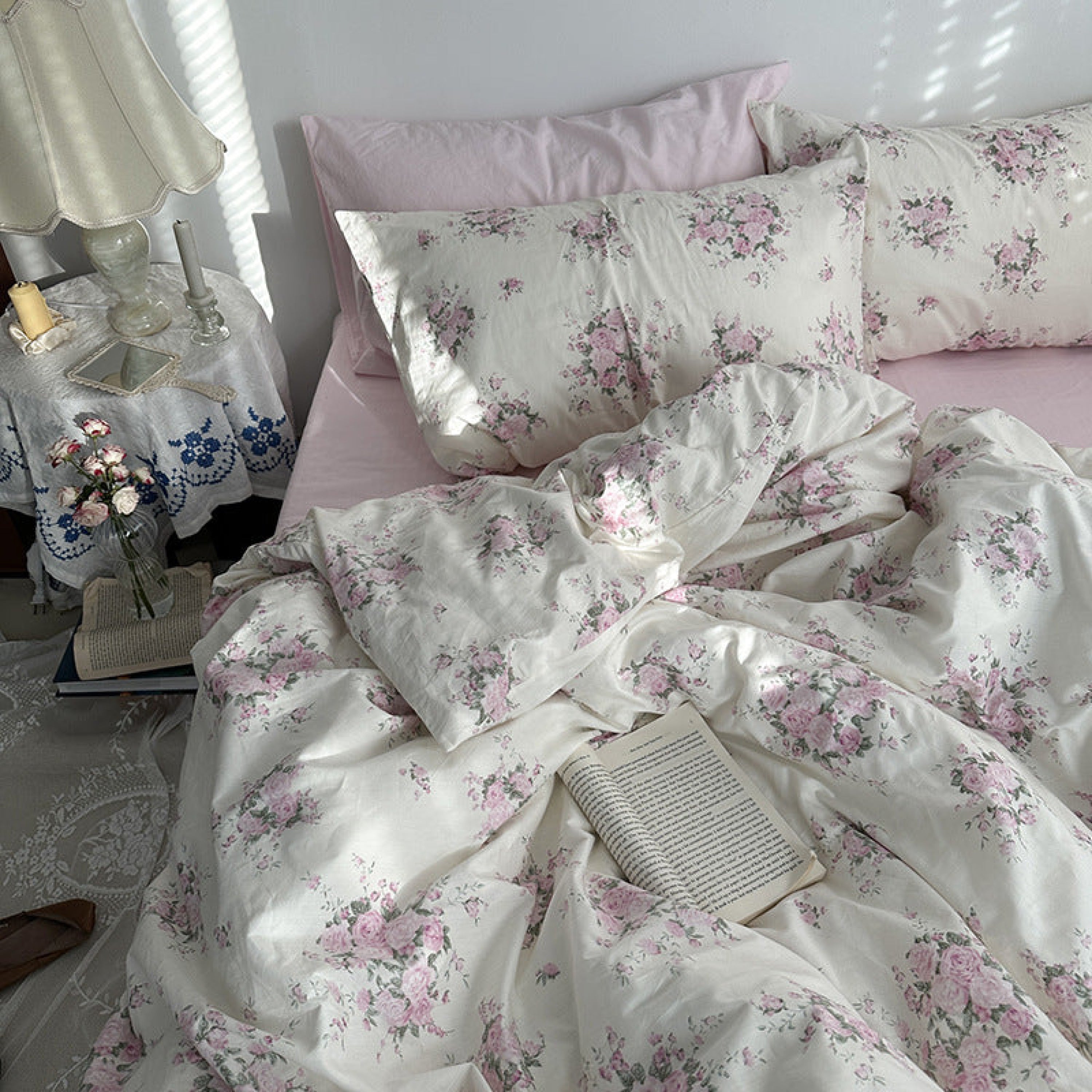 Spring Floral Washed Cotton Bedding Set - Pink Kitty