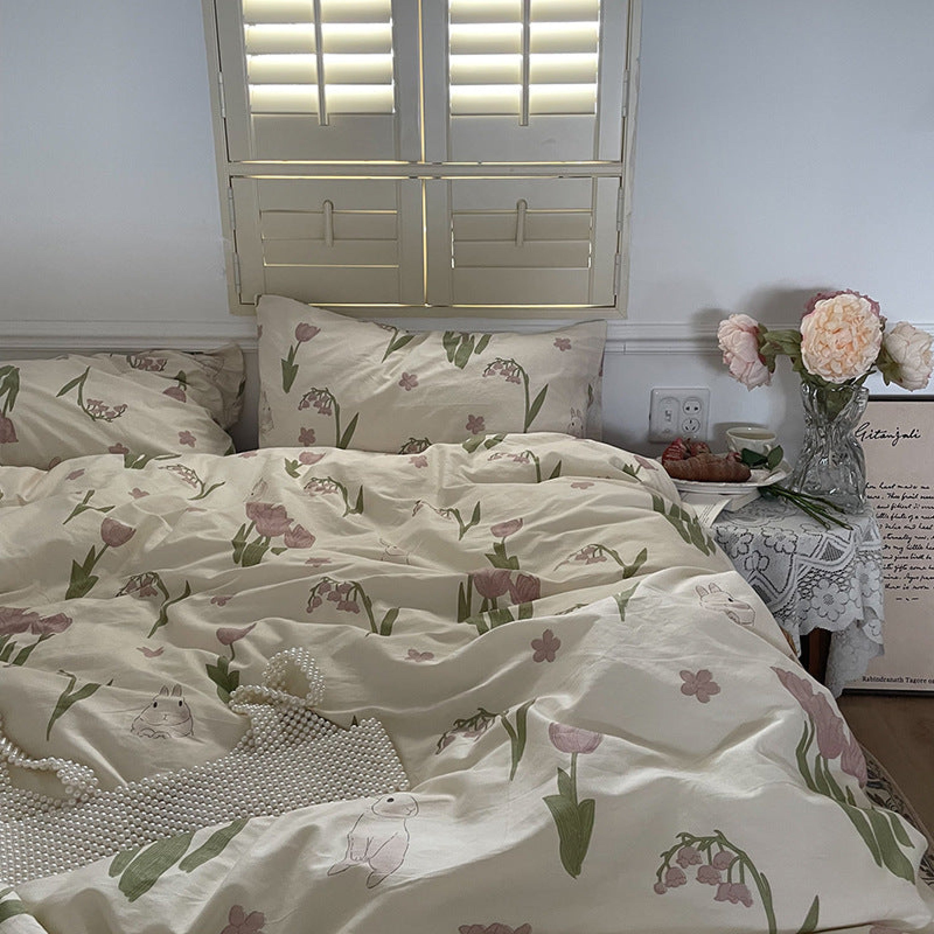 Spring Floral Washed Cotton Bedding Set - Pink Kitty