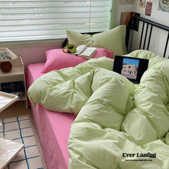 Spring Mixed Washed Cotton Bedding Set - Green + Barbie Pink
