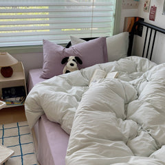 Spring Mixed Washed Cotton Bedding Set - White + Purple