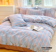 Stripe Buttoned Bedding Set - Blue Pink
