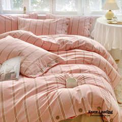 Stripe Buttoned Bedding Set - Pink Brown