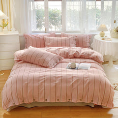Stripe Buttoned Bedding Set - Pink Brown