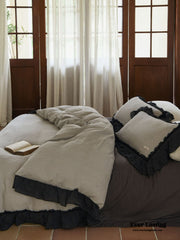 Stripe Ruffle Lace Bedding Set - Neutral Gray