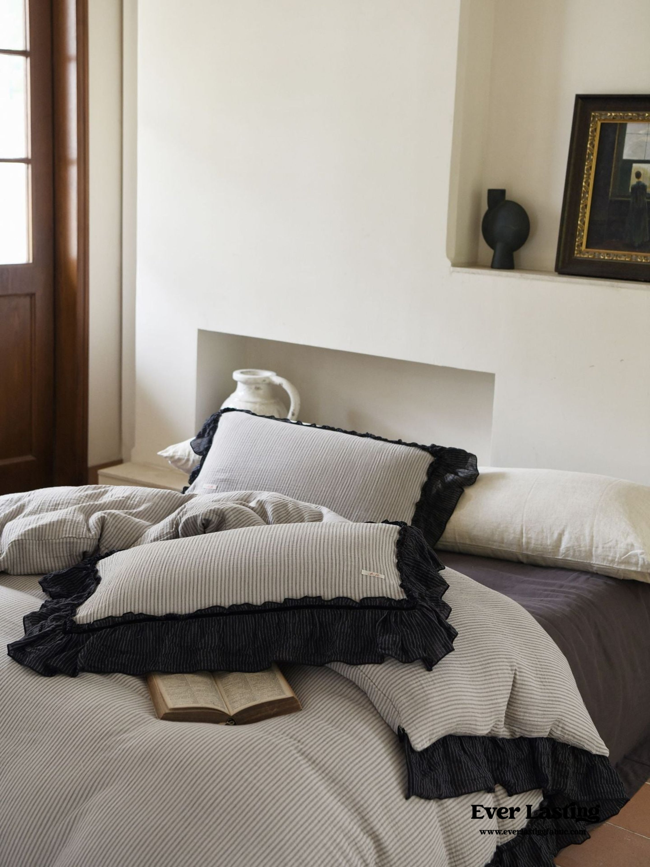 Stripe Ruffle Lace Bedding Set - Neutral Gray