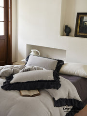 Stripe Ruffle Lace Bedding Set - Neutral Gray
