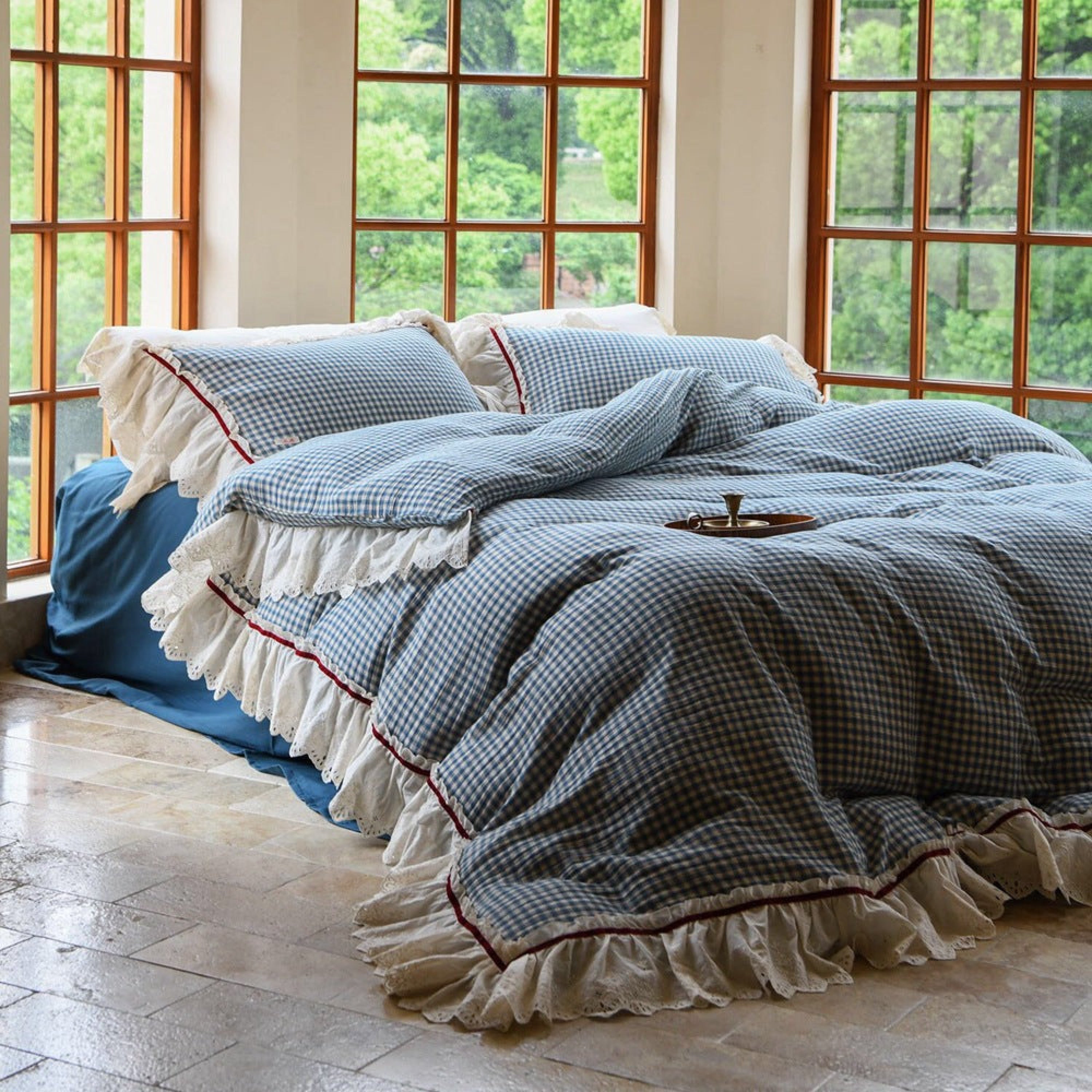 Stripe Ruffle Lace Bedding Set - Neutral Gray