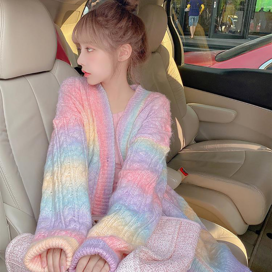 Kawaii Rainbow Knitted Cardigan Sweater