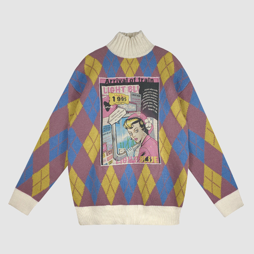 Retro-Rollkragenpullover mit Argyle-Muster