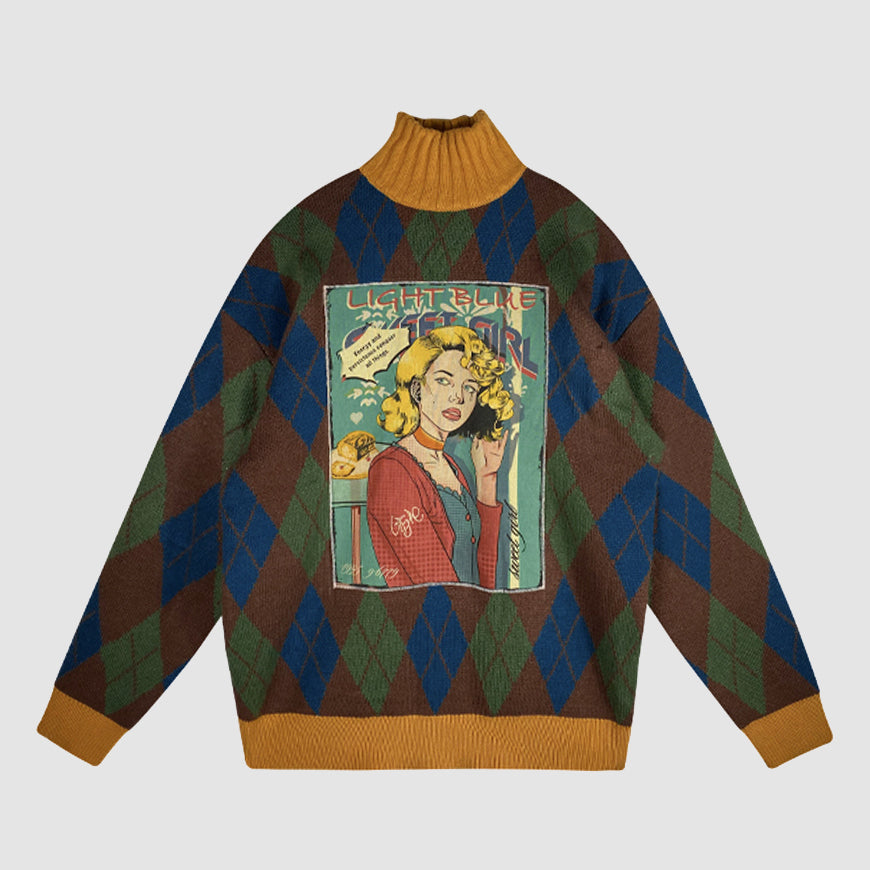 Retro-Rollkragenpullover mit Argyle-Muster