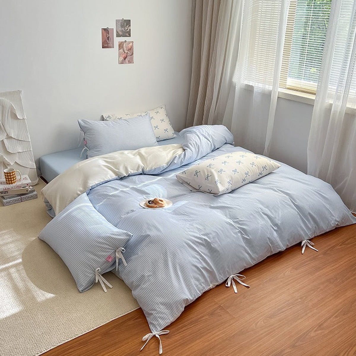 Sweet Bow Striped Bedding Set - Blue