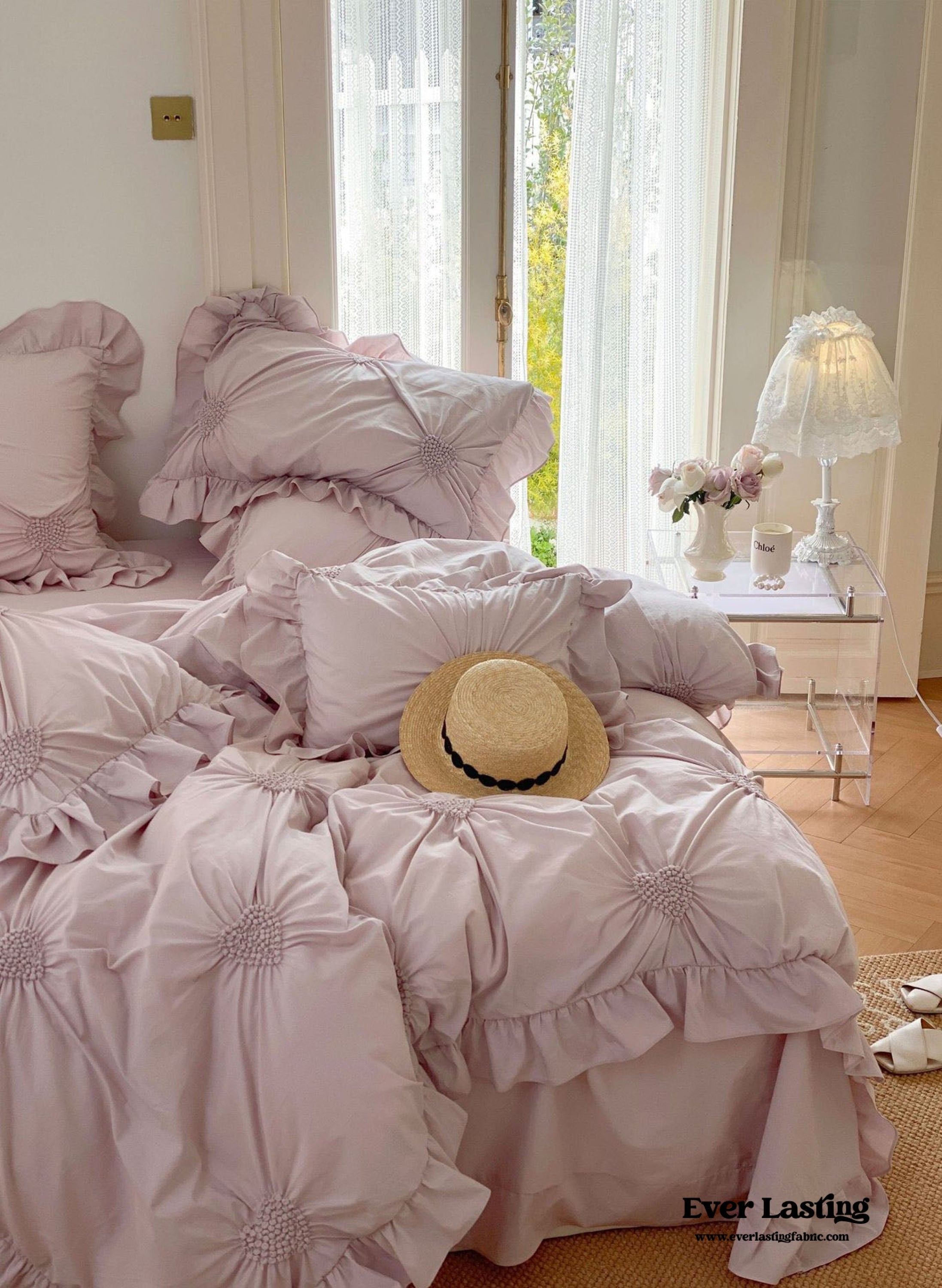 Sweet Heart Embroidered Ruffle Bedding Set - Purple