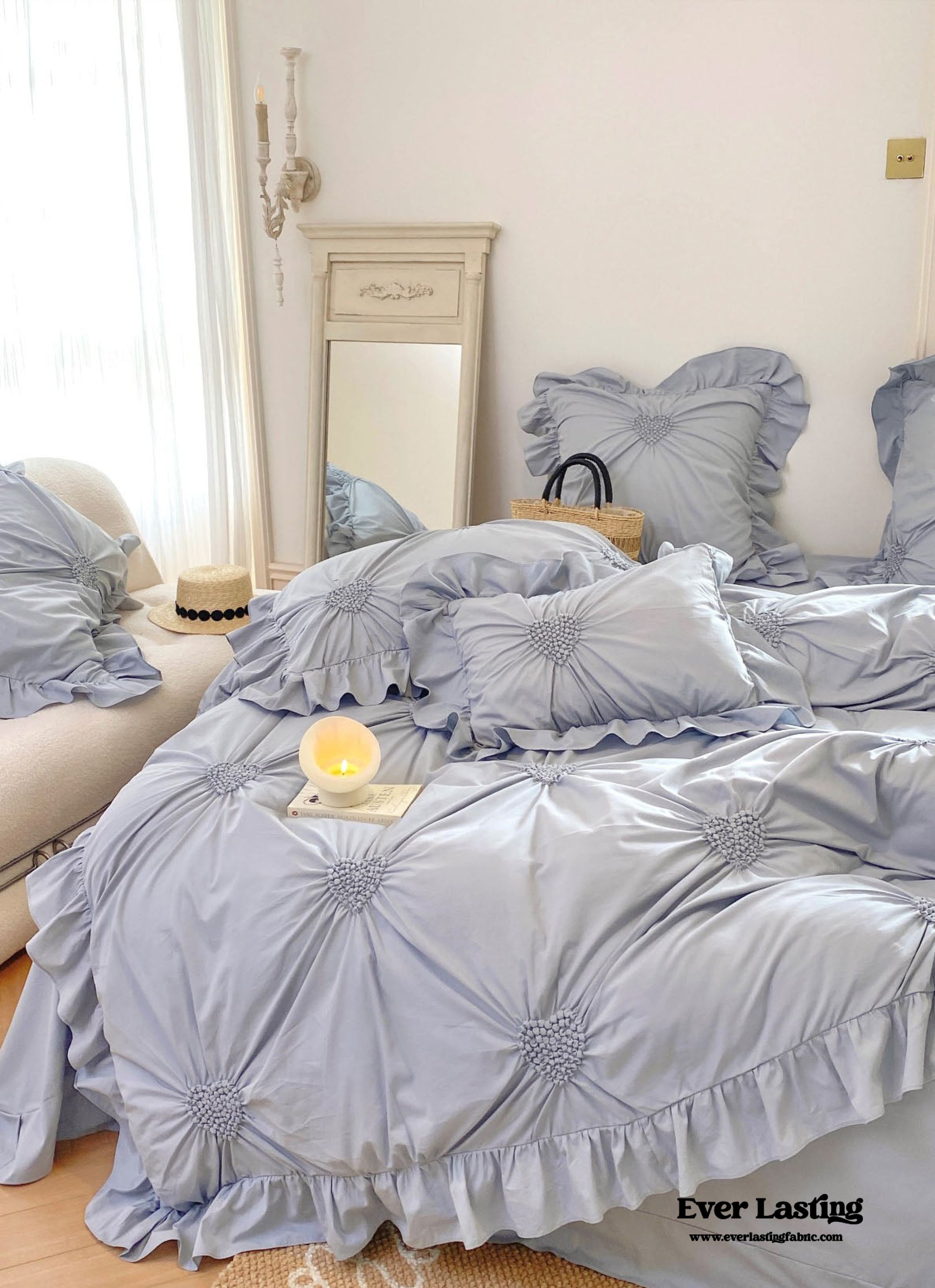 Sweet Heart Embroidered Ruffle Bedding Set - Purple