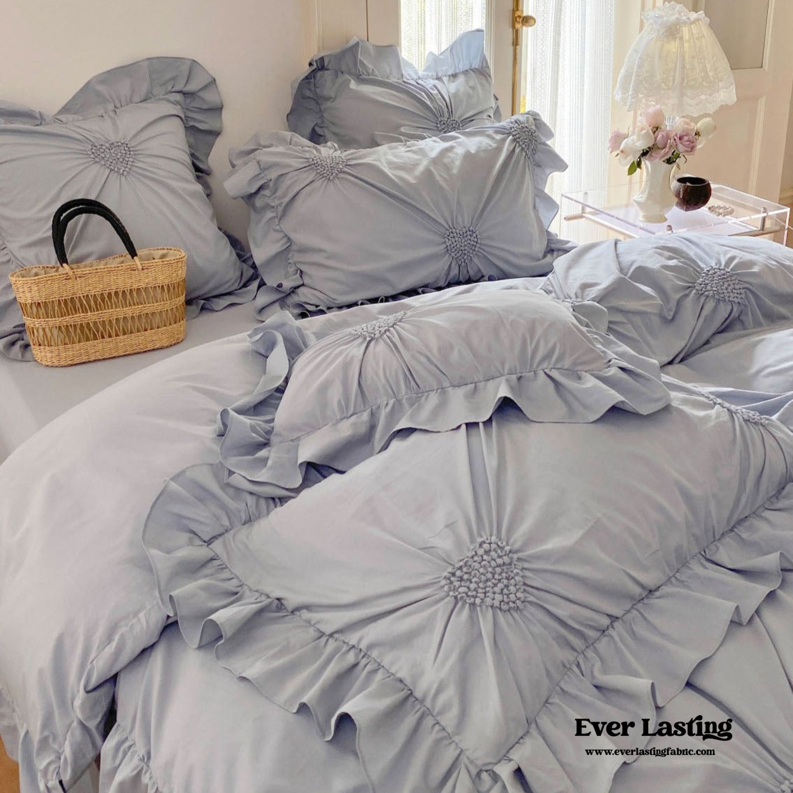 Sweet Heart Embroidered Ruffle Bedding Set - Purple