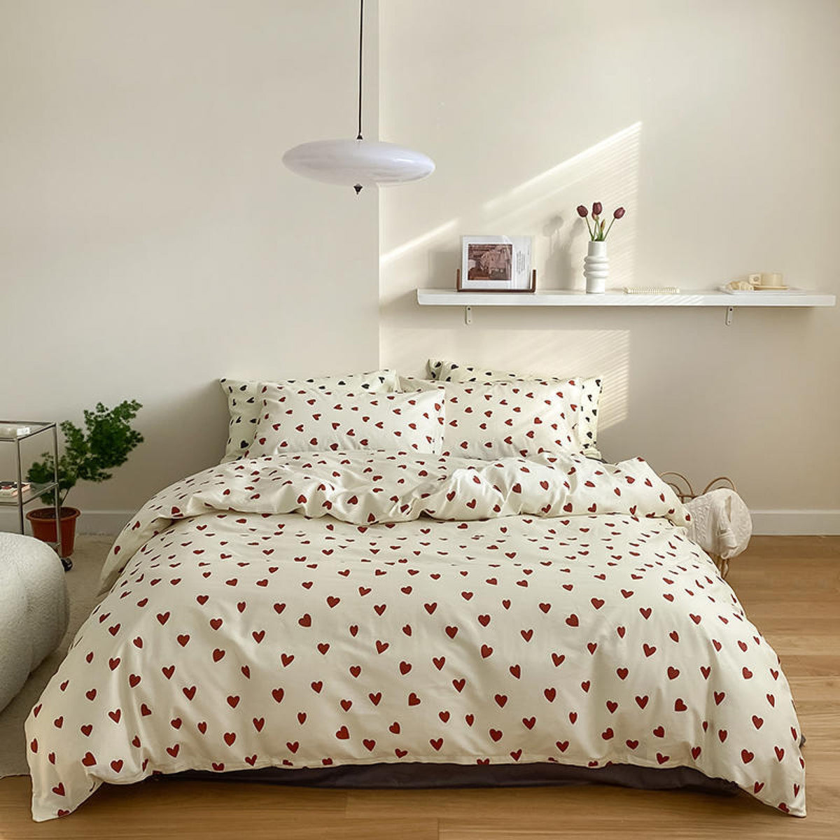 Sweet Hearts Cotton Bedding Set - White Red