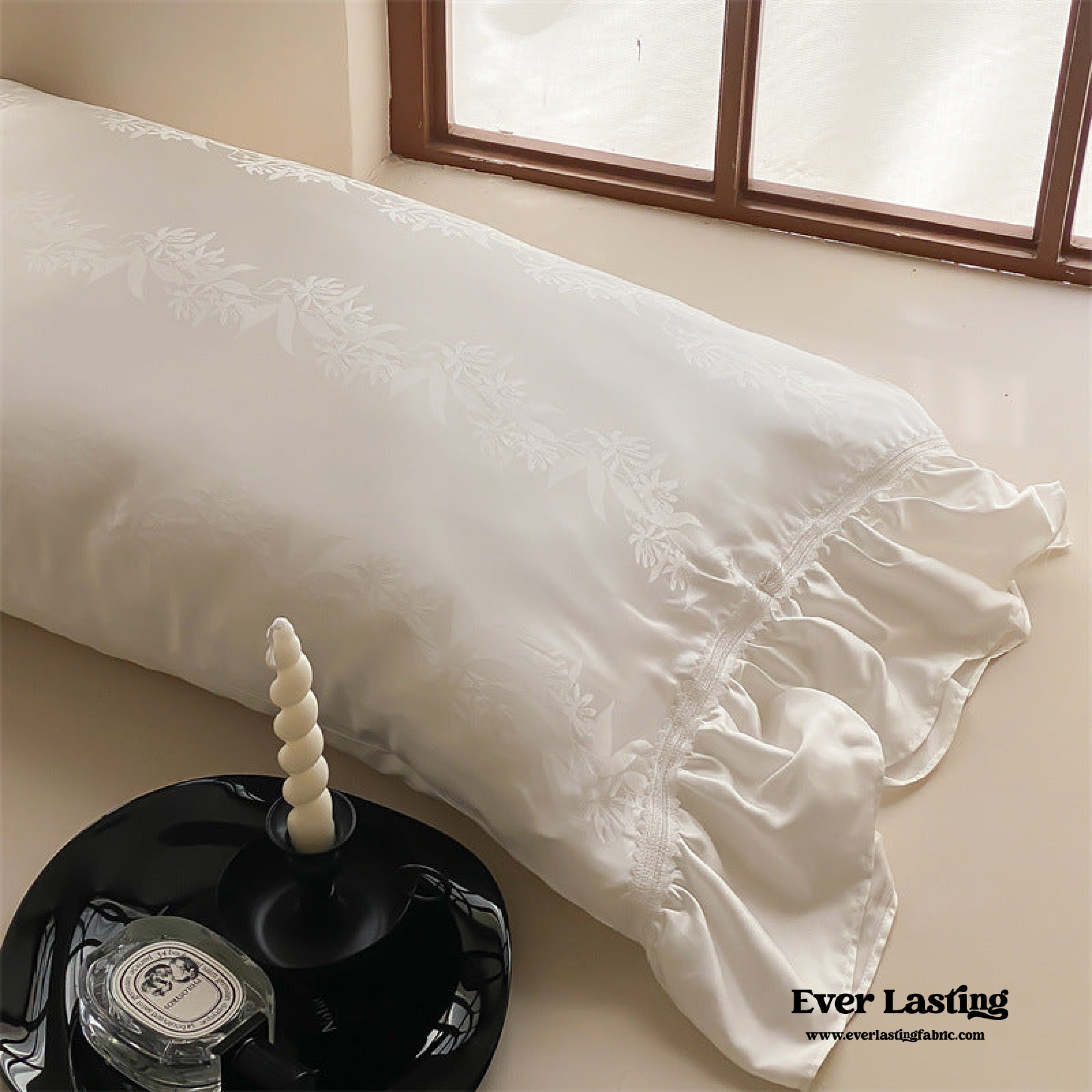 Tencel Silky Floral Ruffle Bedding Set - Snow White