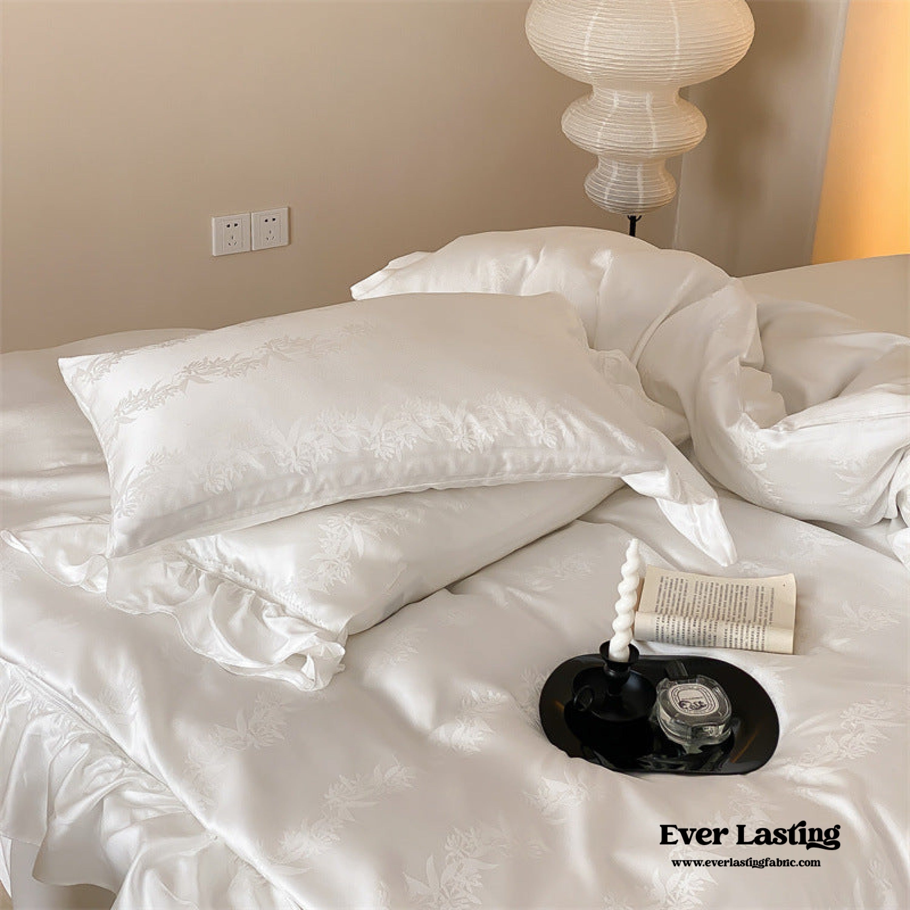 Tencel Silky Floral Ruffle Bedding Set - Snow White