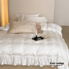Tencel Silky Floral Ruffle Bedding Set - Snow White