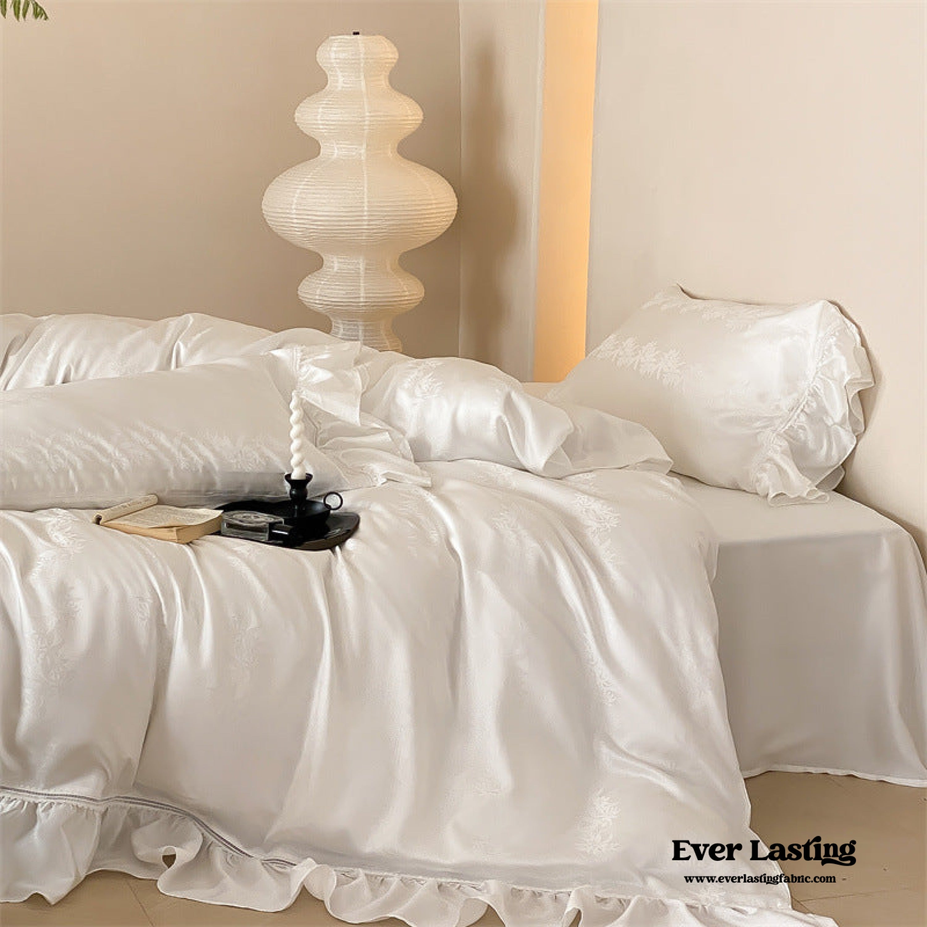 Tencel Silky Floral Ruffle Bedding Set - Snow White