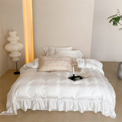 Tencel Silky Floral Ruffle Bedding Set - Snow White