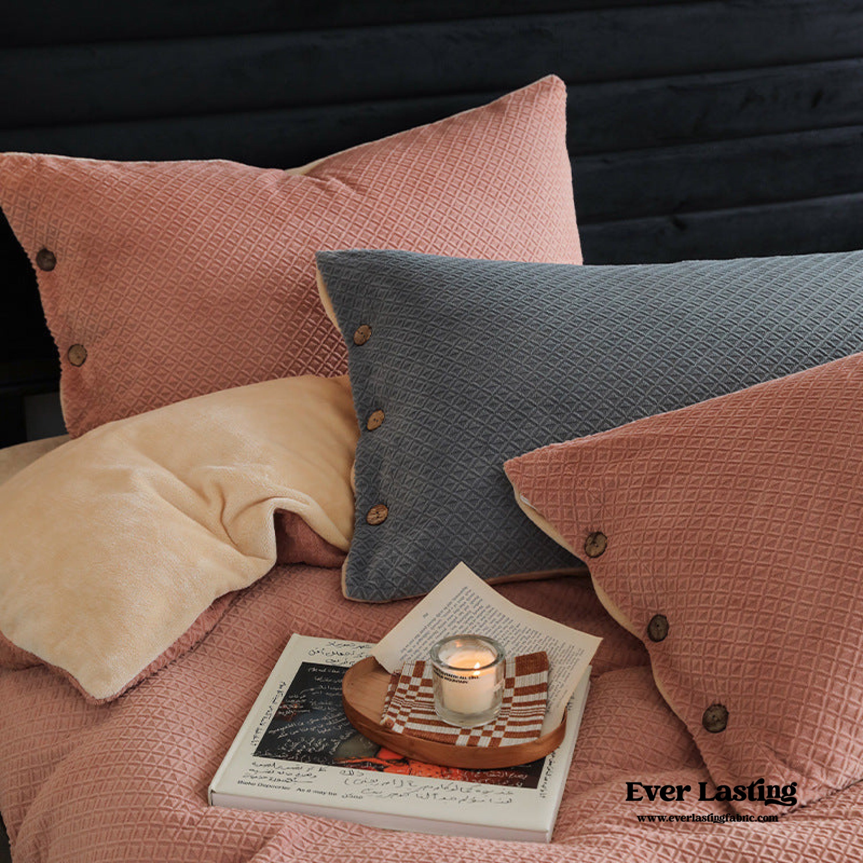 Velvet Buttoned Bedding Set - Rust Pink