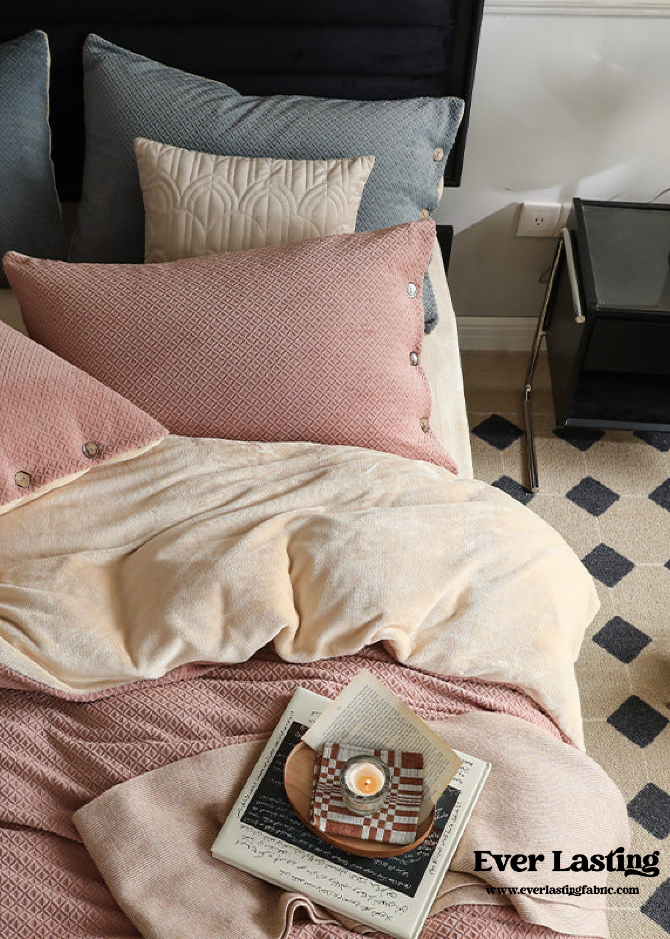 Velvet Buttoned Bedding Set - Rust Pink