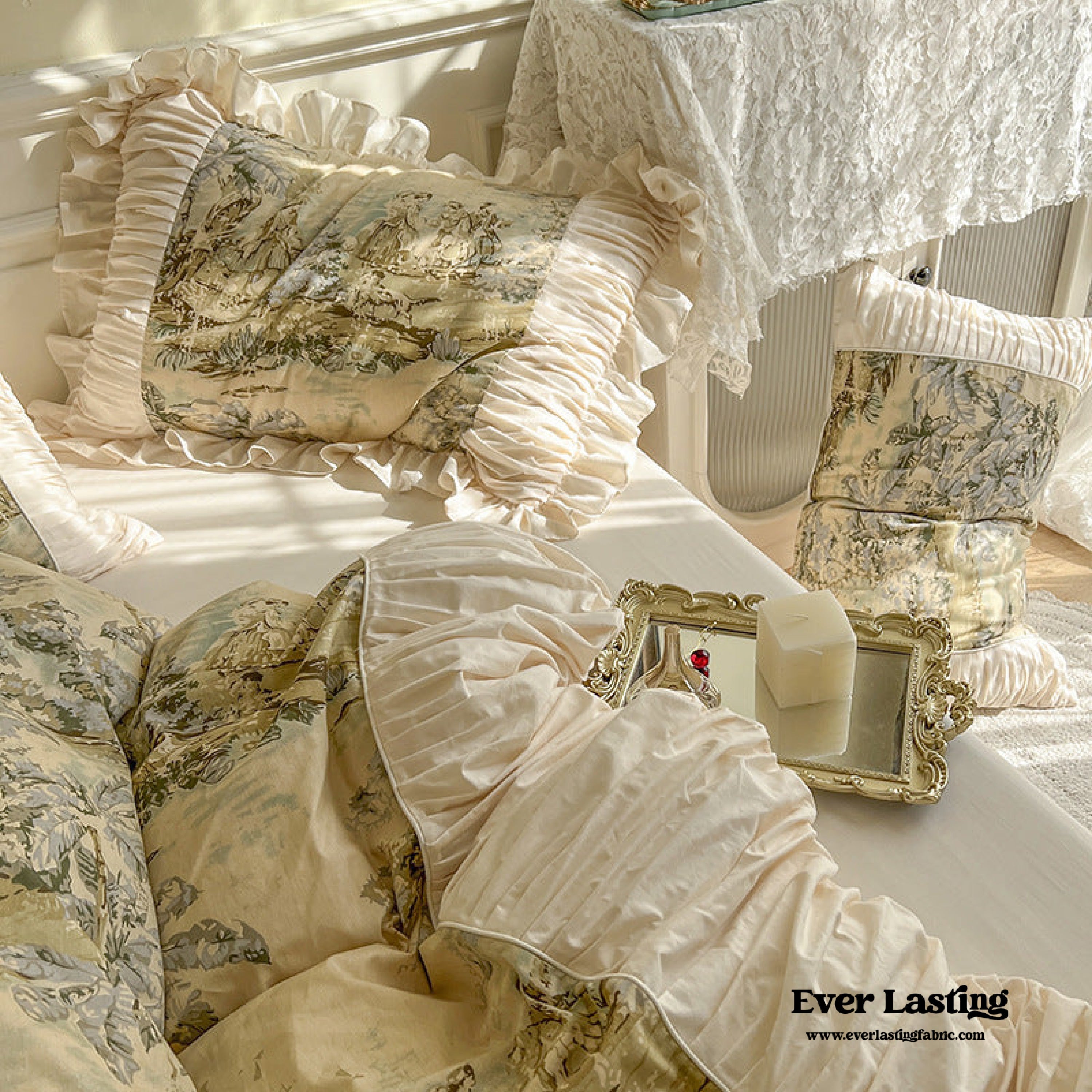 Victorian Inspired Antique Ruffle Bedding Set - Pink Gold