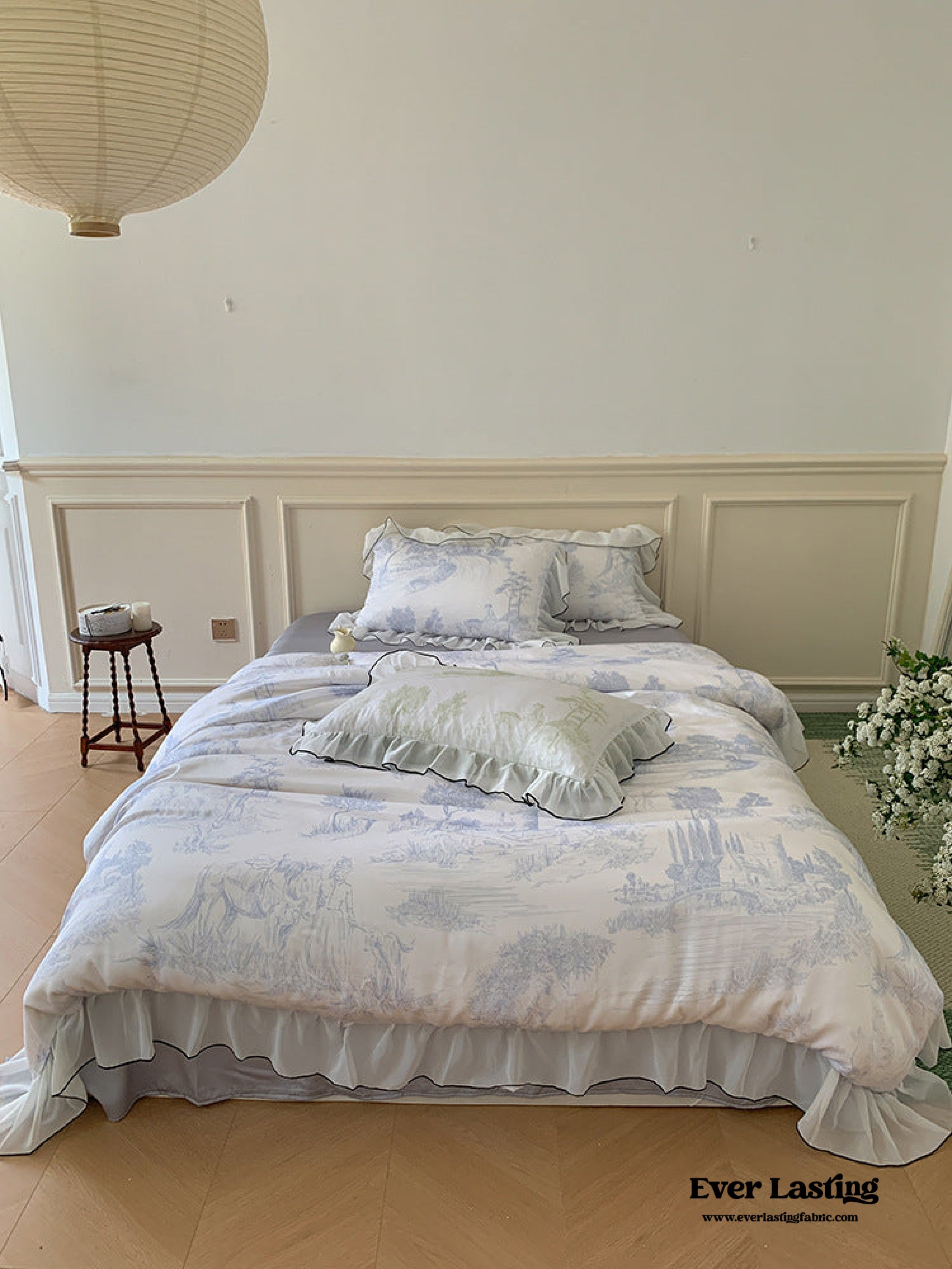 Victorian Inspired Soft Lace Ruffle Bedding Set - Blue