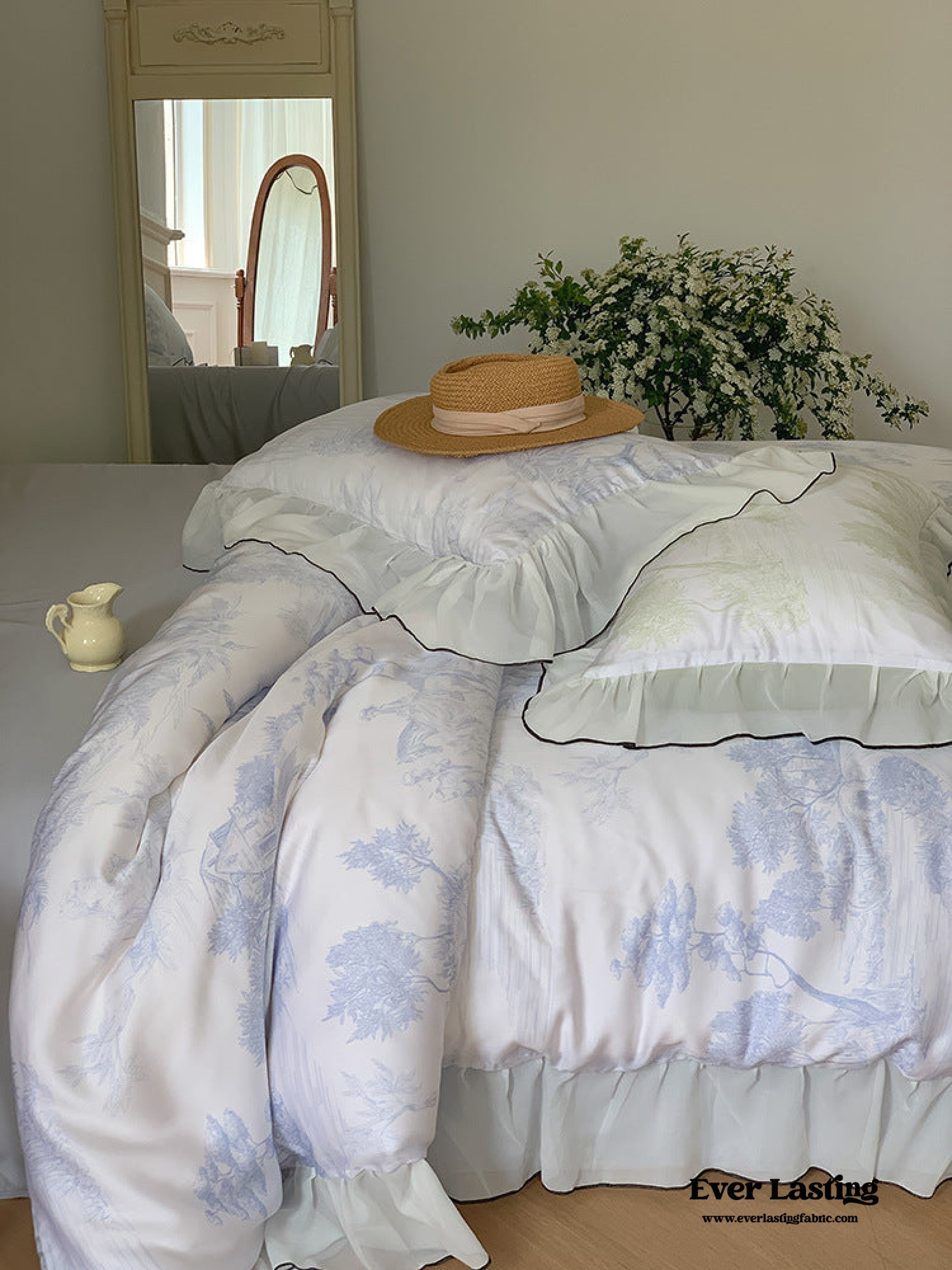 Victorian Inspired Soft Lace Ruffle Bedding Set - Blue