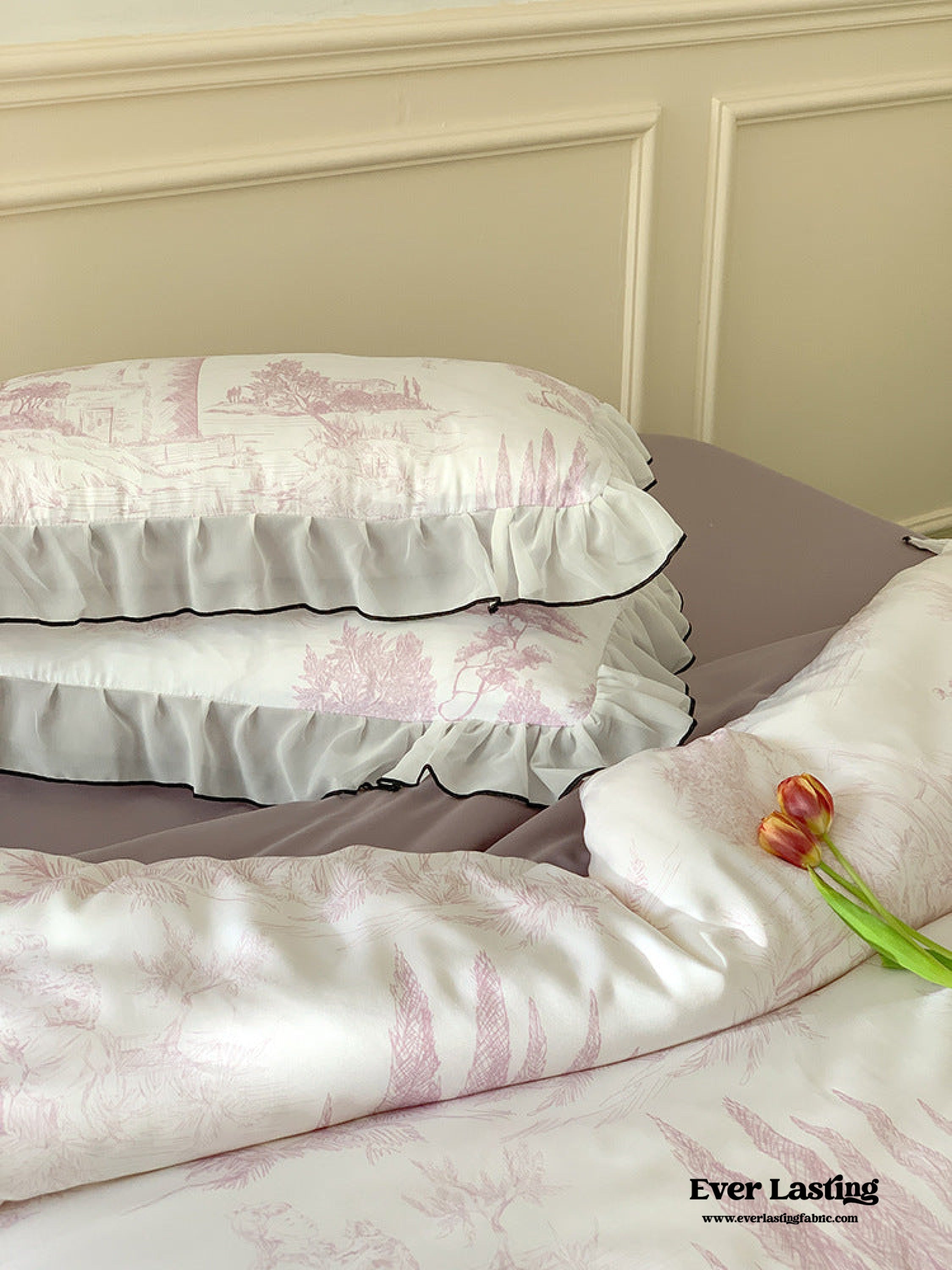 Victorian Inspired Soft Lace Ruffle Bedding Set - Gray