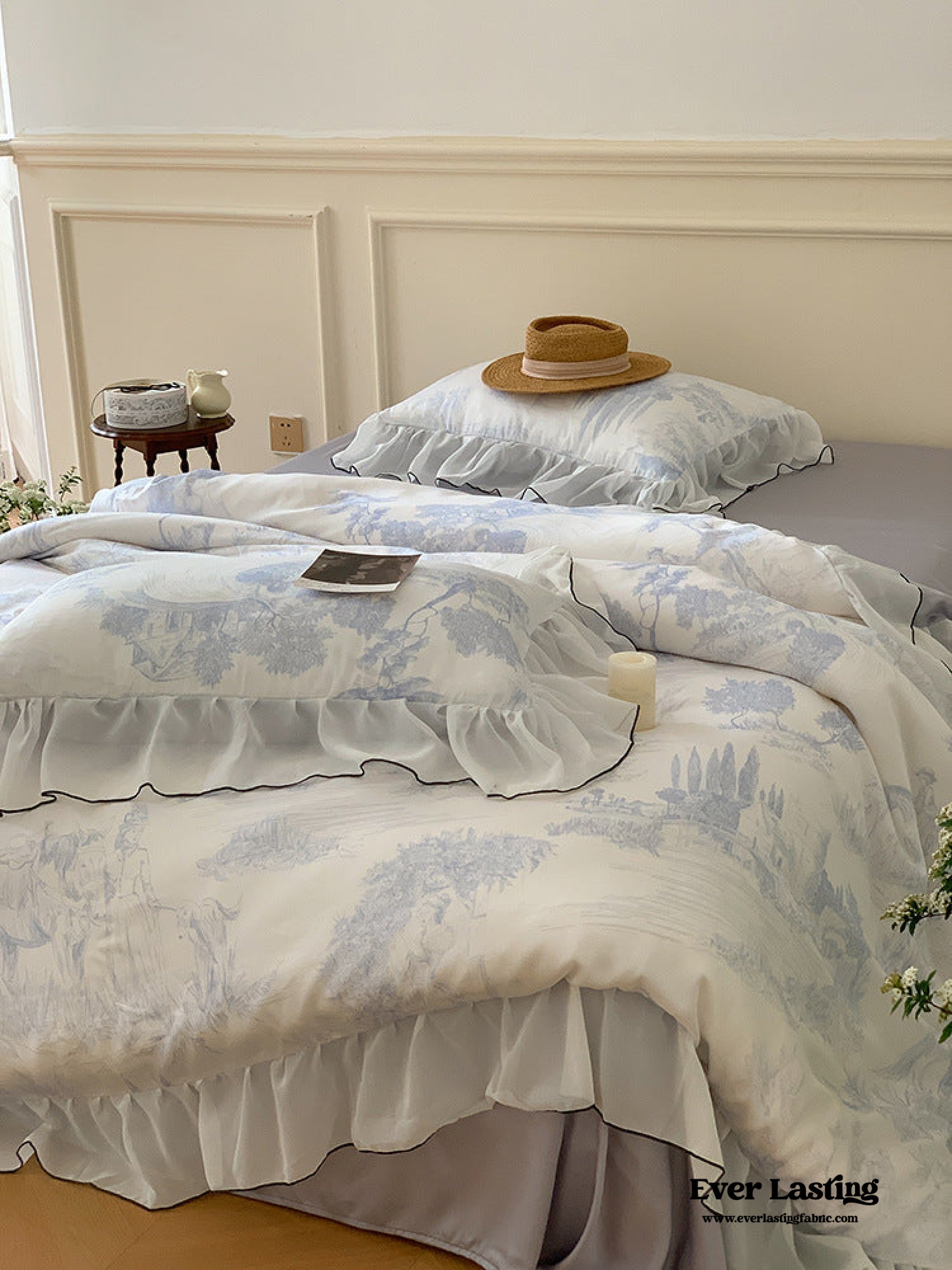 Victorian Inspired Soft Lace Ruffle Bedding Set - Green