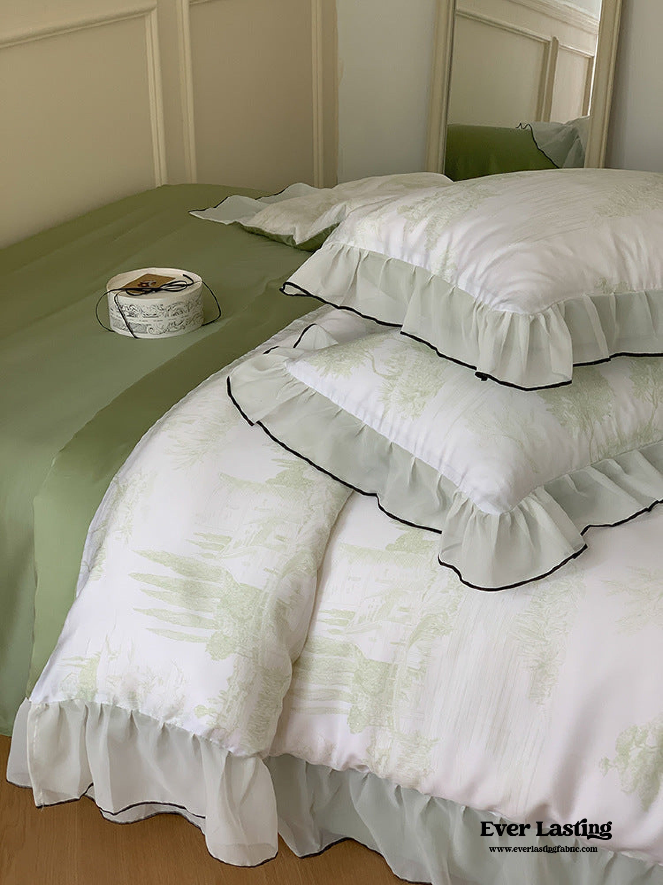 Victorian Inspired Soft Lace Ruffle Bedding Set - Green
