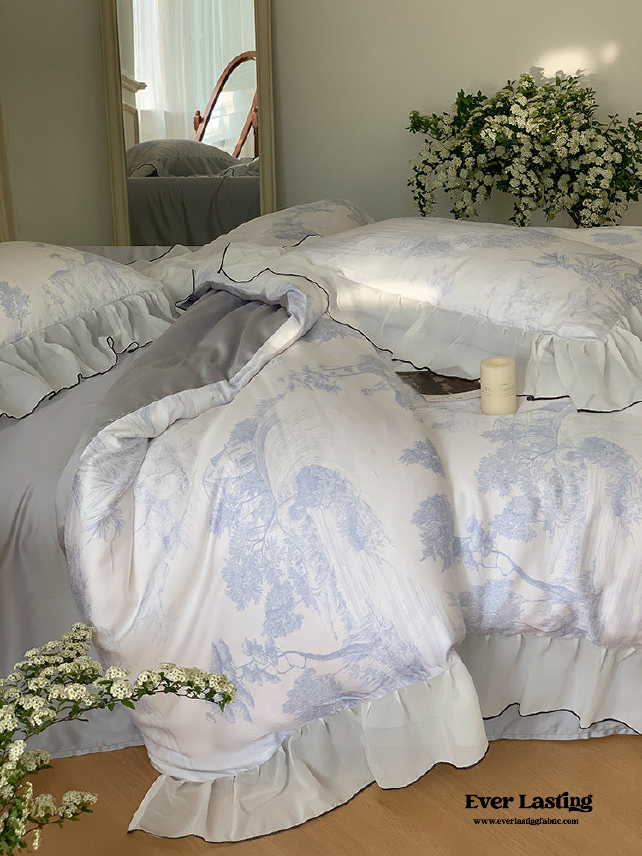 Victorian Inspired Soft Lace Ruffle Bedding Set - Green