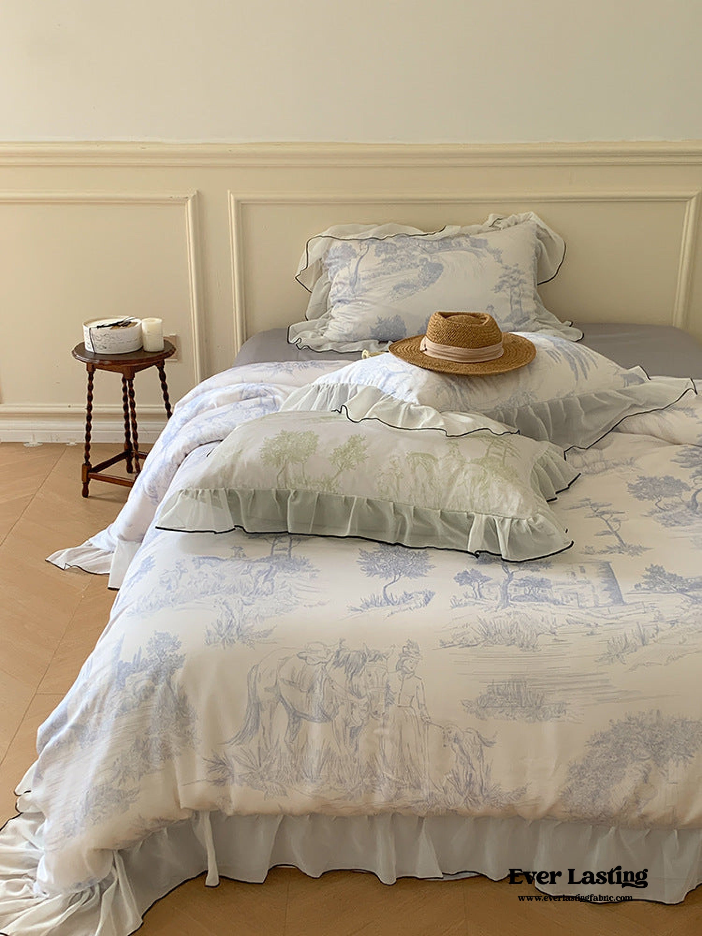 Victorian Inspired Soft Lace Ruffle Bedding Set - Green