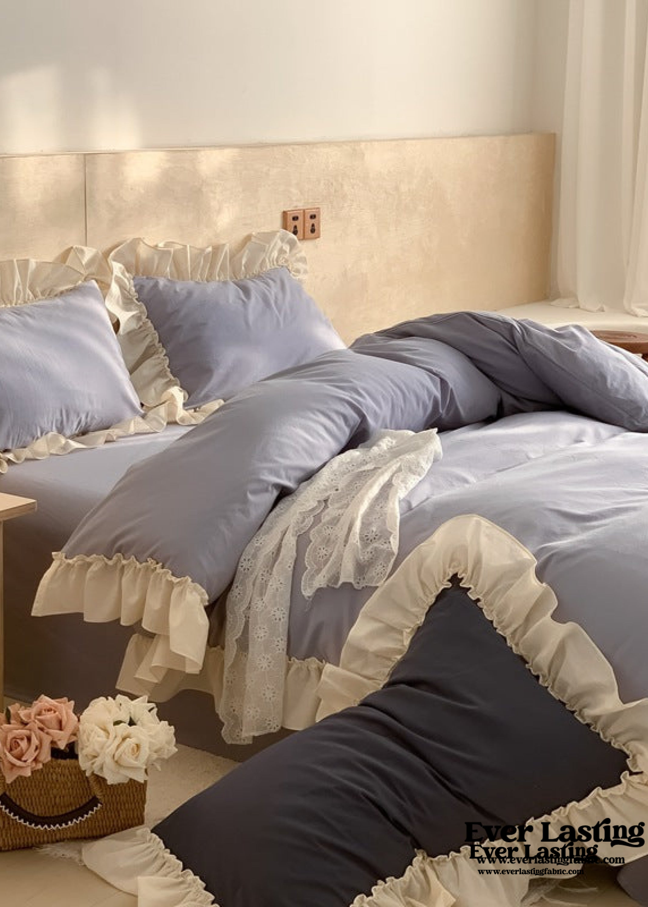 Vintage Earth Tone Large Ruffle Bedding Set - Light Blue