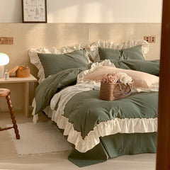 Vintage Earth Tone Large Ruffle Bedding Set - Moss Green