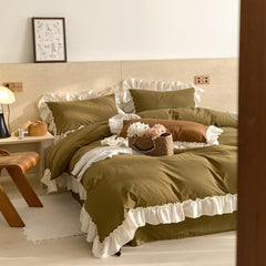 Vintage Earth Tone Large Ruffle Bedding Set - Olive Green