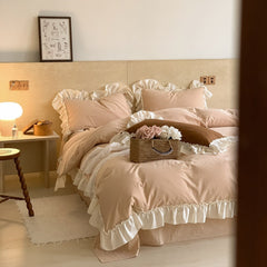 Vintage Earth Tone Large Ruffle Bedding Set - Pink