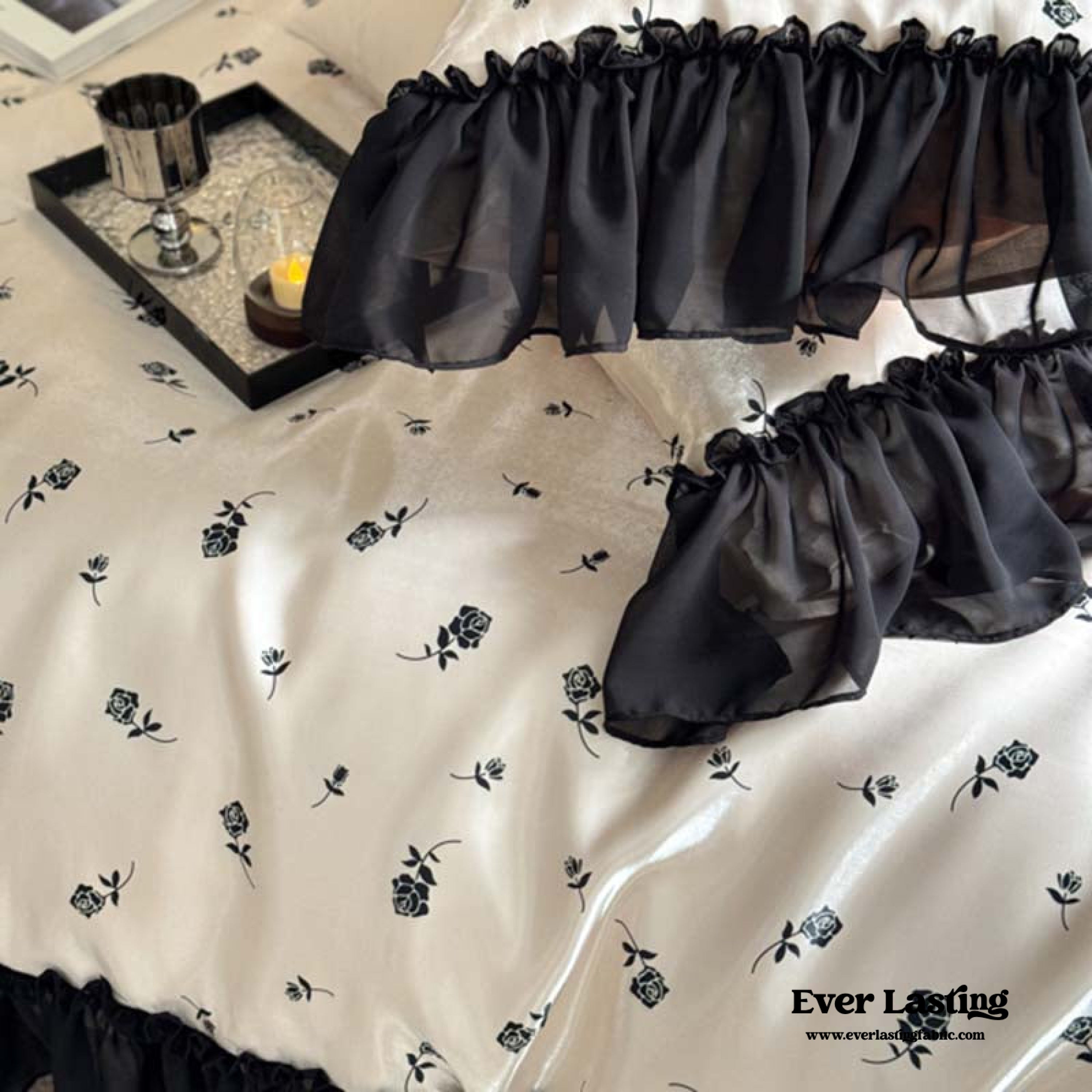 Vintage Inspired Silky Floral Ruffle Bedding Set - Black Pink
