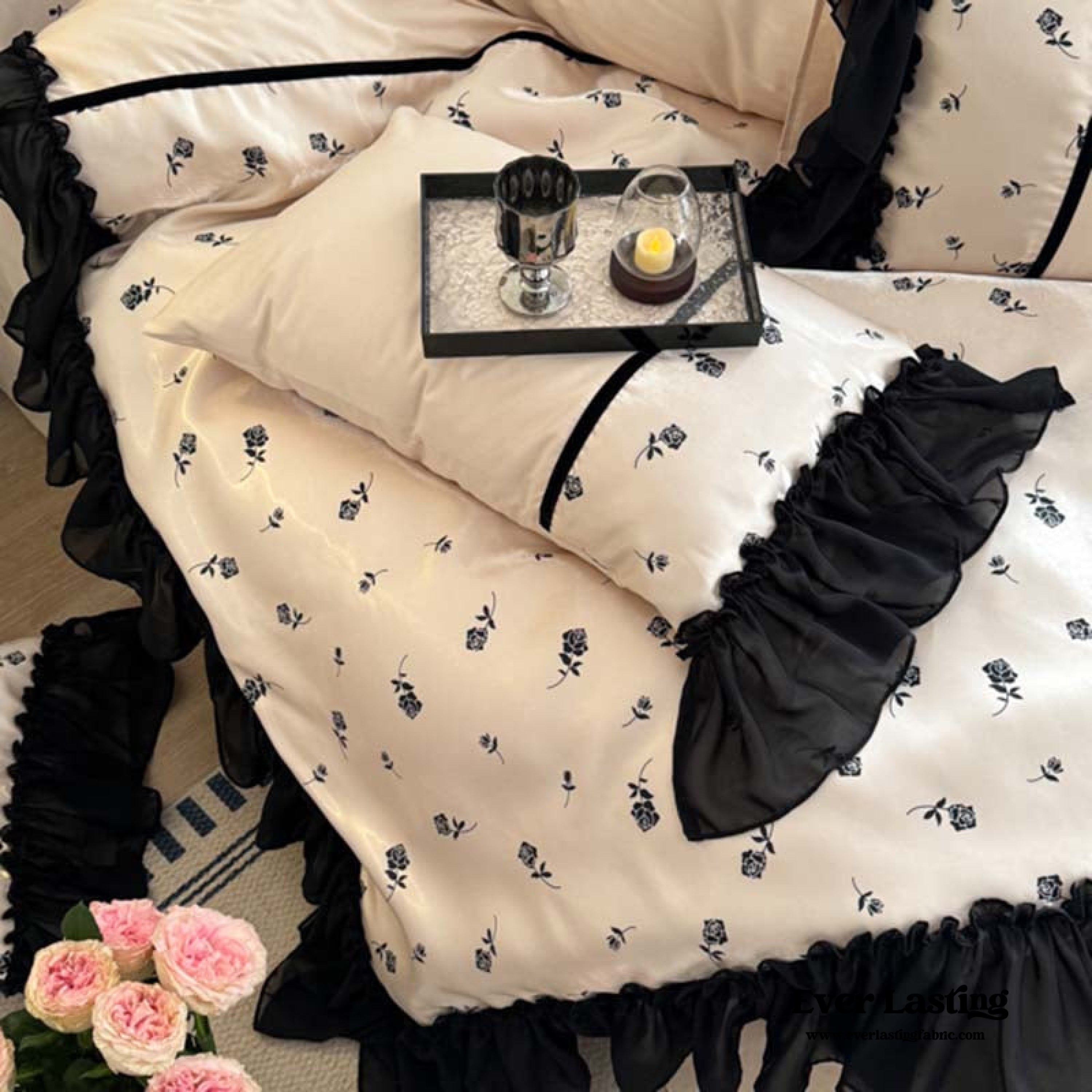 Vintage Inspired Silky Floral Ruffle Bedding Set - Black Pink