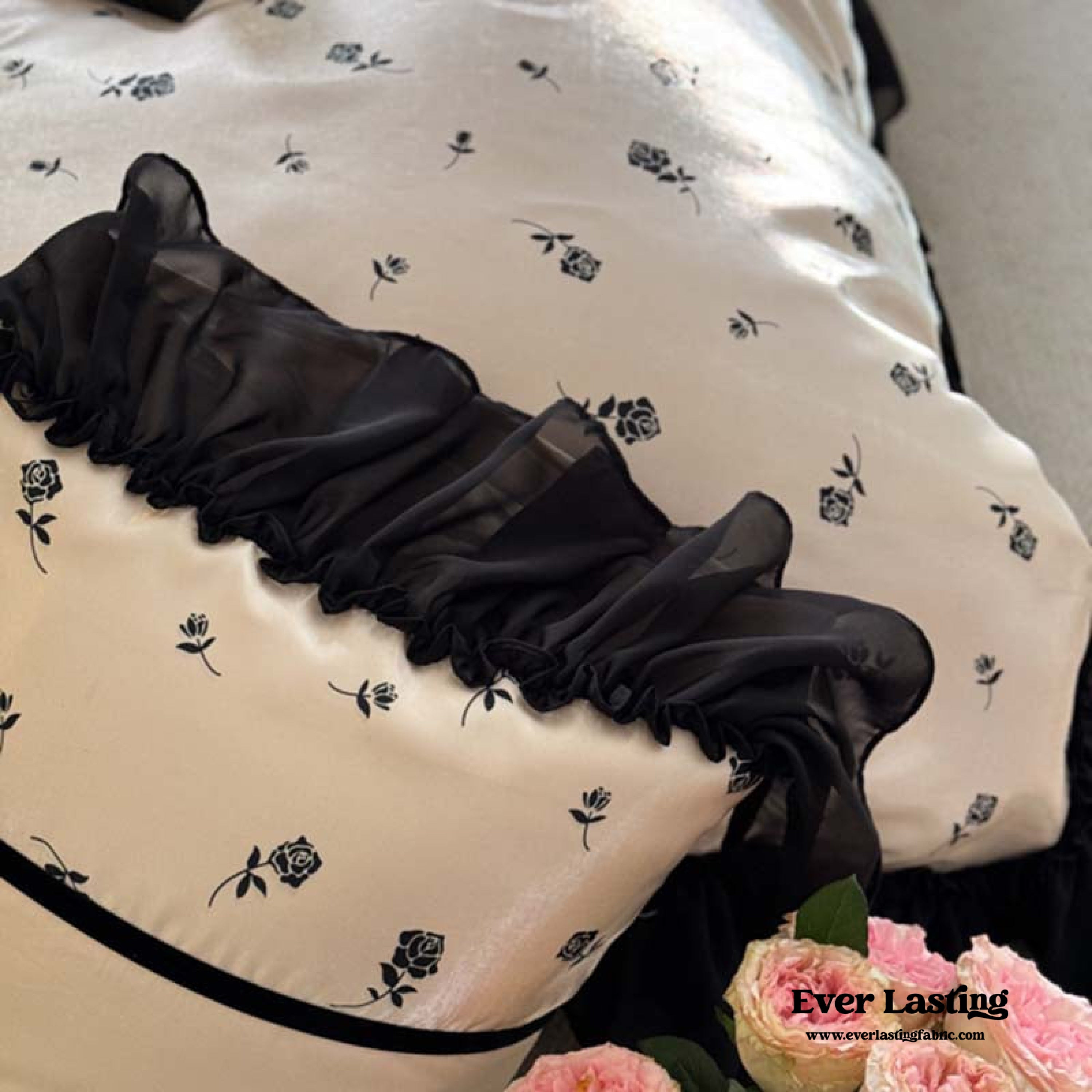 Vintage Inspired Silky Floral Ruffle Bedding Set - Black Pink
