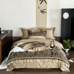 Water Color Inspired Ruffle Bedding Set - Brown Green