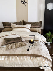 Water Color Inspired Ruffle Bedding Set - White Beige