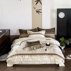 Water Color Inspired Ruffle Bedding Set - White Beige