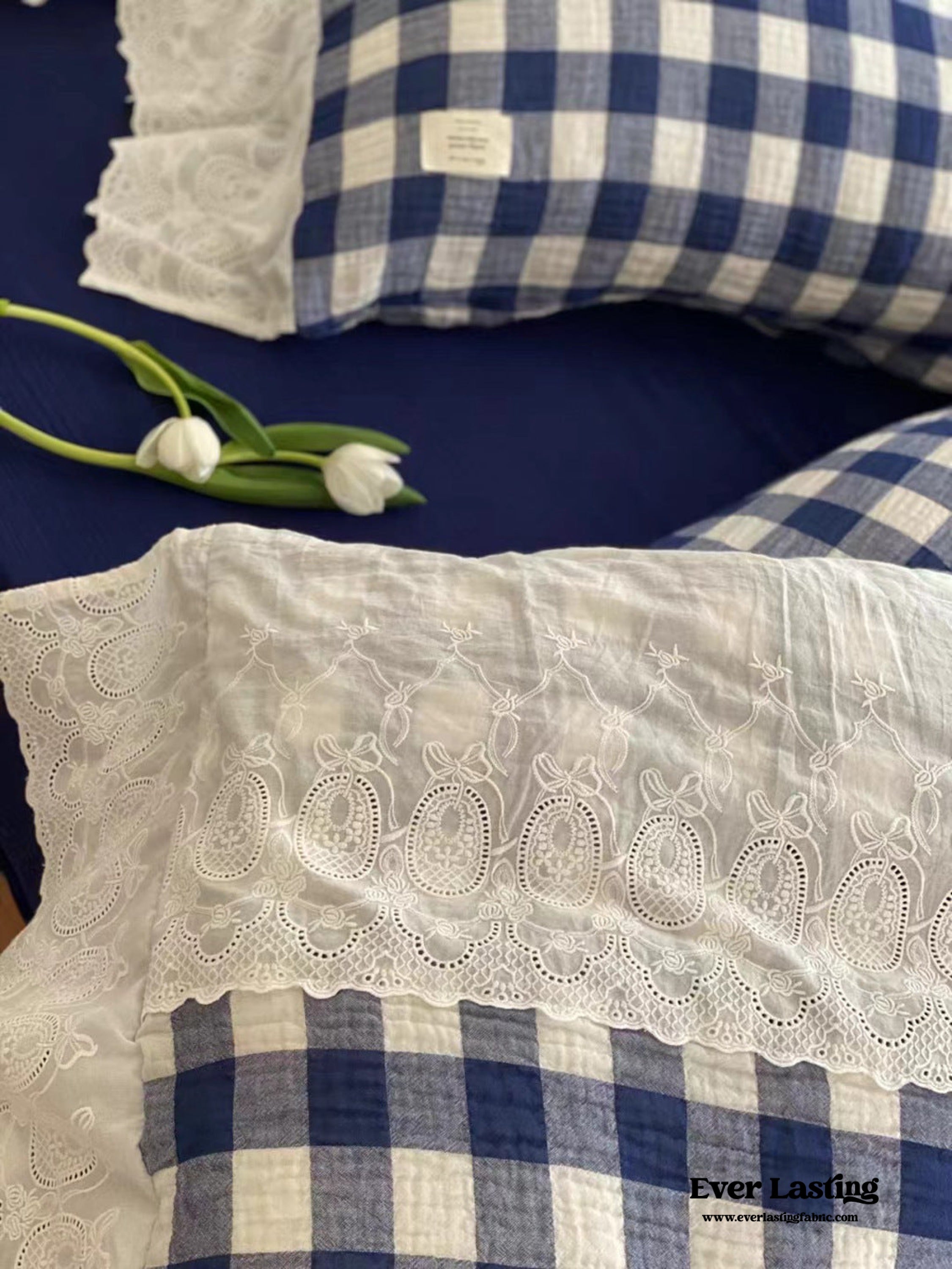 White Blue Gingham Lace Ruffle Bedding Set