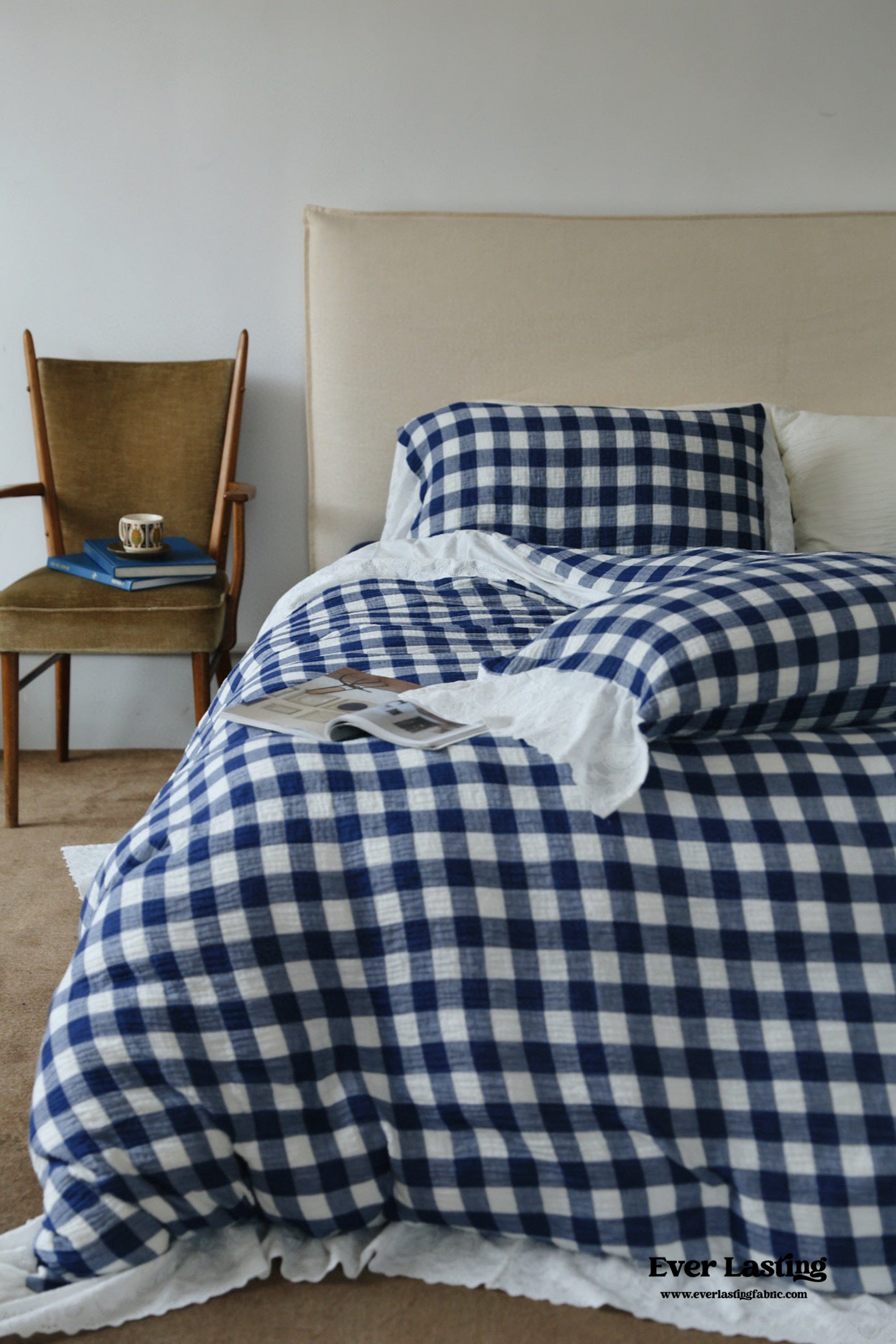 White Blue Gingham Lace Ruffle Bedding Set